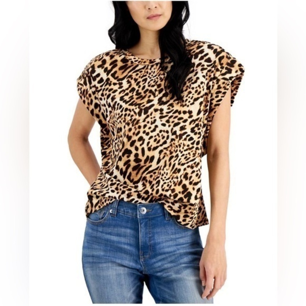 New without tag, INC International Concepts Petite Animal Print Roll-Tab T-Shirt